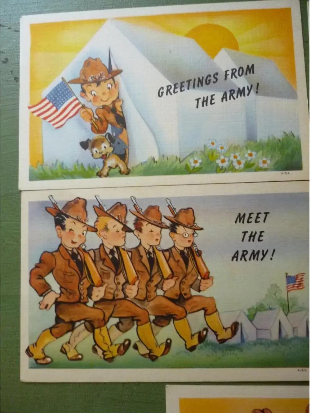 Set of 5 WWII Linen Finish Cute Army Postcards, Unused